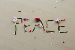 PEACE written in the sand with stems and flowers. You can feel more peaceful with online therapy in Florida for anxiety treatment from a skilled St. Pete therapist here. Get help from a counselor in St. Petersburg, FL for anxiety, depression, couples therapy and more.