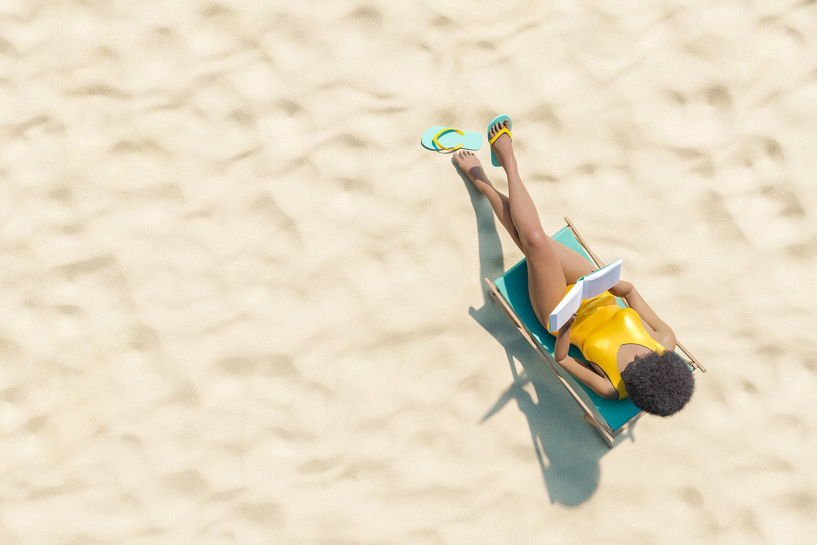 Aerial view of woman laying on beach chair reading a book. St. Petersburg, FL therapists share book recommendations while doing online couples therapy in Florida here.